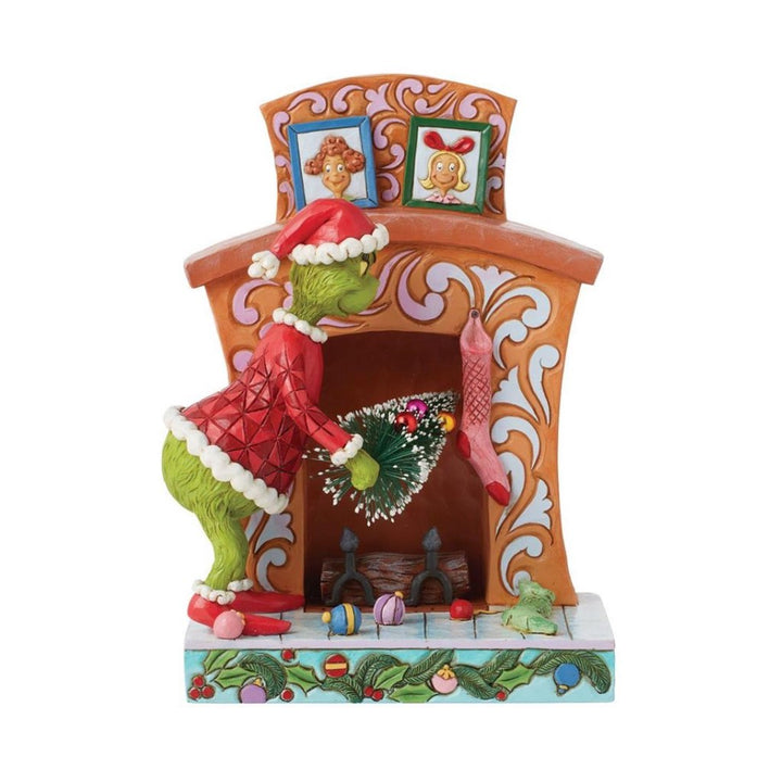 Jim Shore Grinch Pushing Tree Up Fireplace Figurine